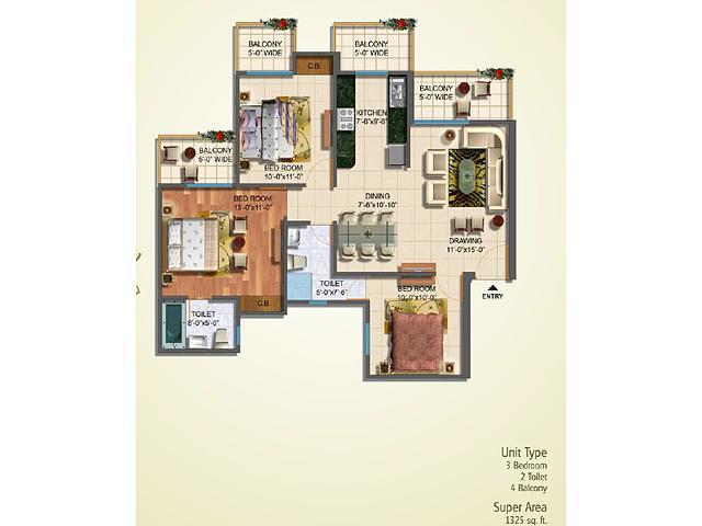 3  BHK - 1325 sqft